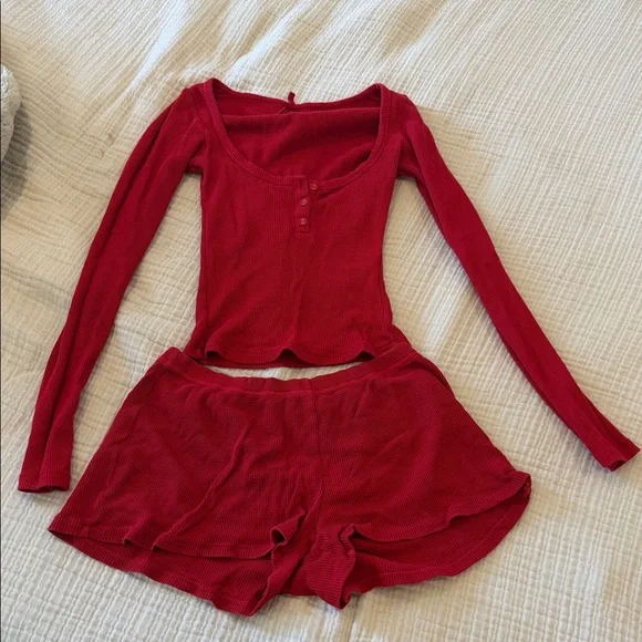 Skims Waffle Henley Short and Long Sleeve Pajama Set Sz s in brick - Picture 1 of 4